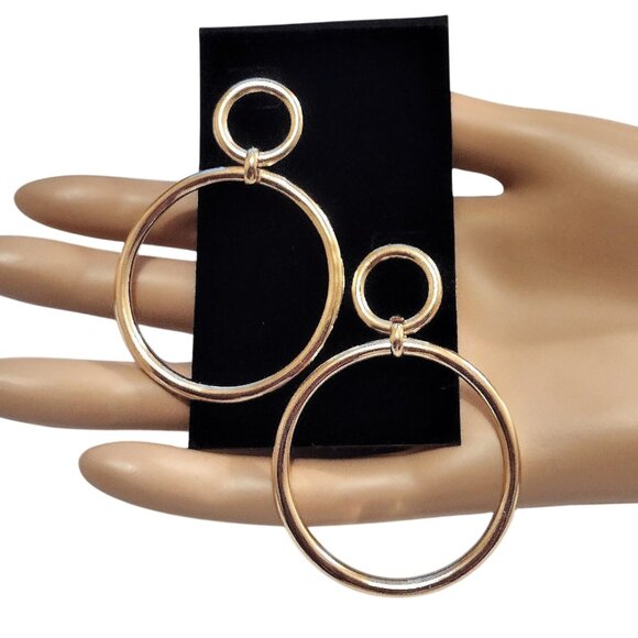 2 1/2" Long Double Thick Ring Hoop Pierced Post Stud Gold Tone Earrings Polished - Picture 1 of 5